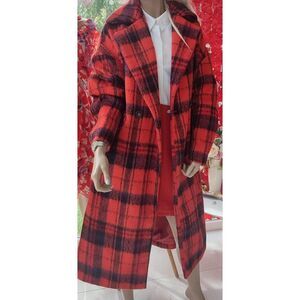 C&A Red & Black Plaid Long Double Breasted Overcoat coat Sz 4/6 (Small)
